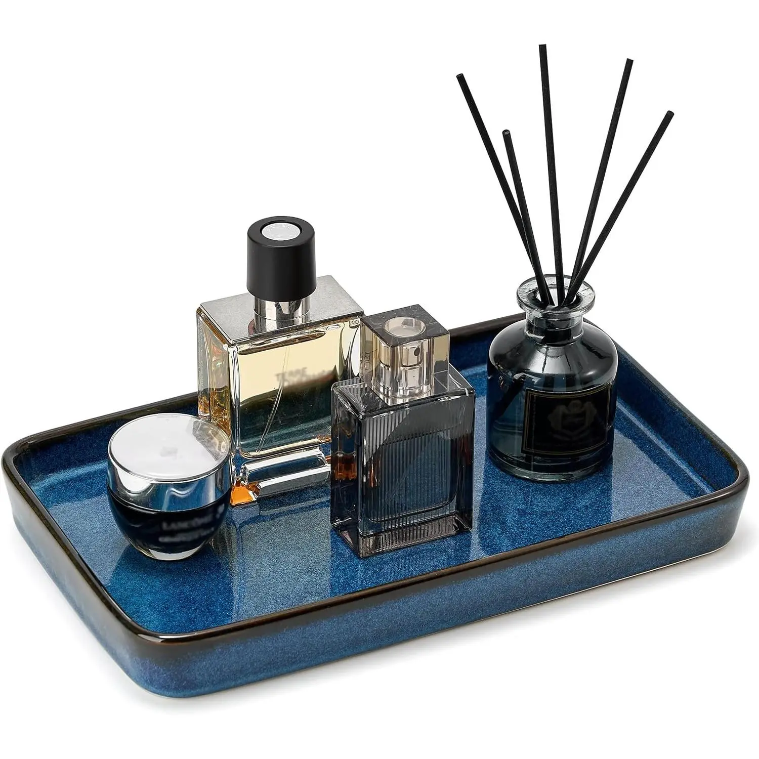 10"×6"×1" Bathroom Vanity Tray for Countertop- Ceramic Decorative Organizer Tray for Dresser Tops, Toilet, Perfume, Sponge Holder Soap Dish Dispenser for Kitchen Counter- Kiln-Transformed Blue