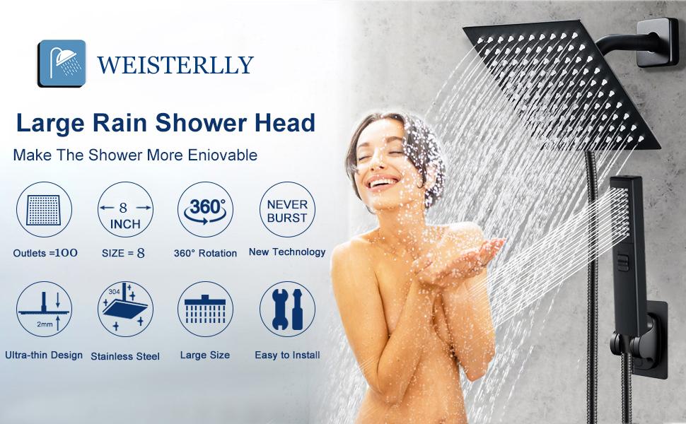 6/8"High Pressure Square RainShower Head and 2-in-1 HandShower.Equipped with 78"Hose, 3Way Diverter Valve,Adhesive ShowerHead Holder hard water Bathroom Installation Modern Easy Convenience
