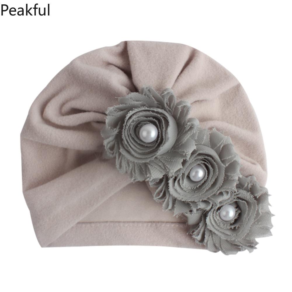 Kids Floral Pearl Decor Turban Hat, Popular Soft Cotton Baby Headwear, Elegant Toddler Headwrap, comfortable elastic design & charming flower details, great for casual outings, birthday parties and newborn photography