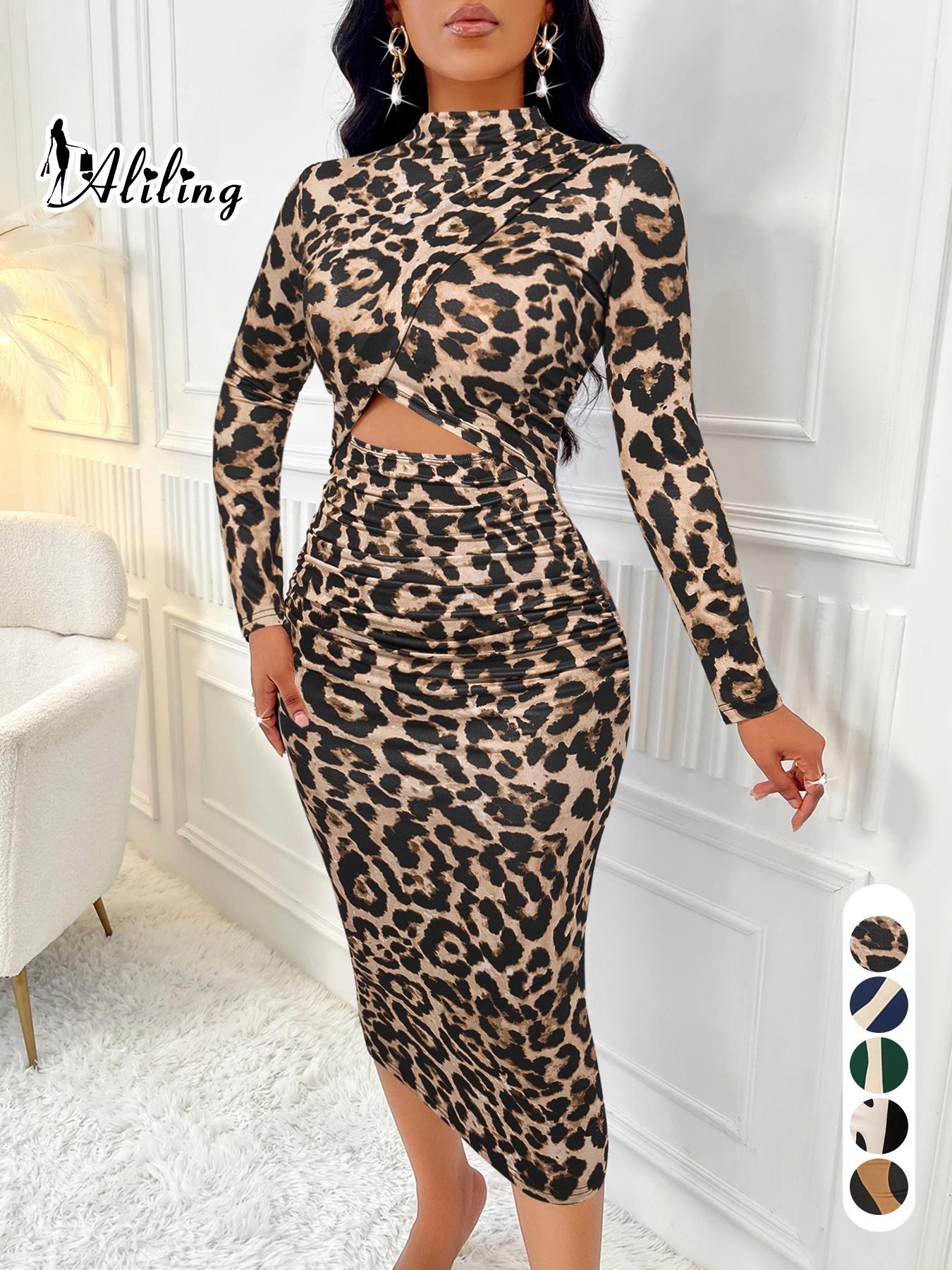 Aliling Women's Colorblock Print Cut Out Bodycon Dress, Elegant Chic Fashion Casual Long Sleeve Dress for Daily Outdoor Wear, Women Dress for Spring Fall