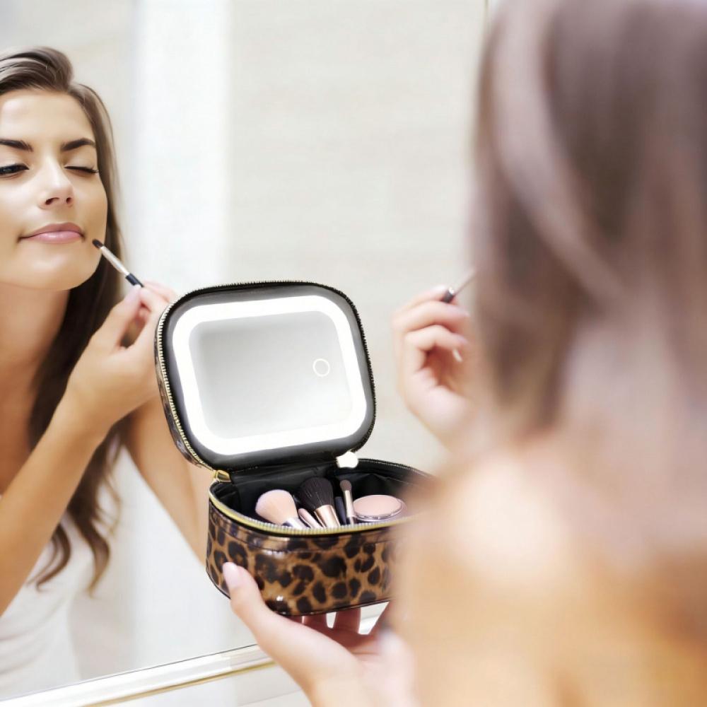 Leopard Print PU Leather Jewelry Display Case with LED Light Mirror Waterproof Makeup Organizer Luxury Cosmetic Storage Box for Home Travel