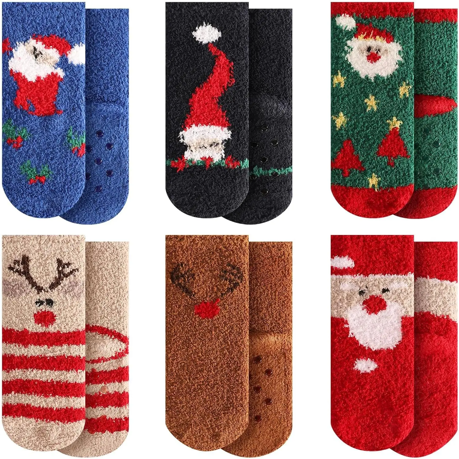 October Elf Christmas Fuzzy Socks  Kids Plush Cartoon Non Slip Slipper Winter Warm Fleece Socks with Gift Box Pack of 6