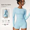 Women's Solid Round Neck Sports Tee & High Waist Shorts Tracksuit Set, Long Sleeve Tight-fitting Top & Skinny Shorts, Summer Outfits 2024, Ladies Sportswear for Indoor Outdoor Wear