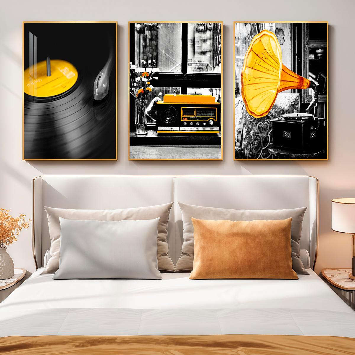 3 Counts Aluminum Alloy Framed Painting, Retro Vinyl Record Radio And Gramophone Pictures, Home Decoration For Living Room, Bedroom, Office, Restaurant, Hallway Wall Decor, Odorless Print Artwork, Luxury Perfect Gift For Friends And Family