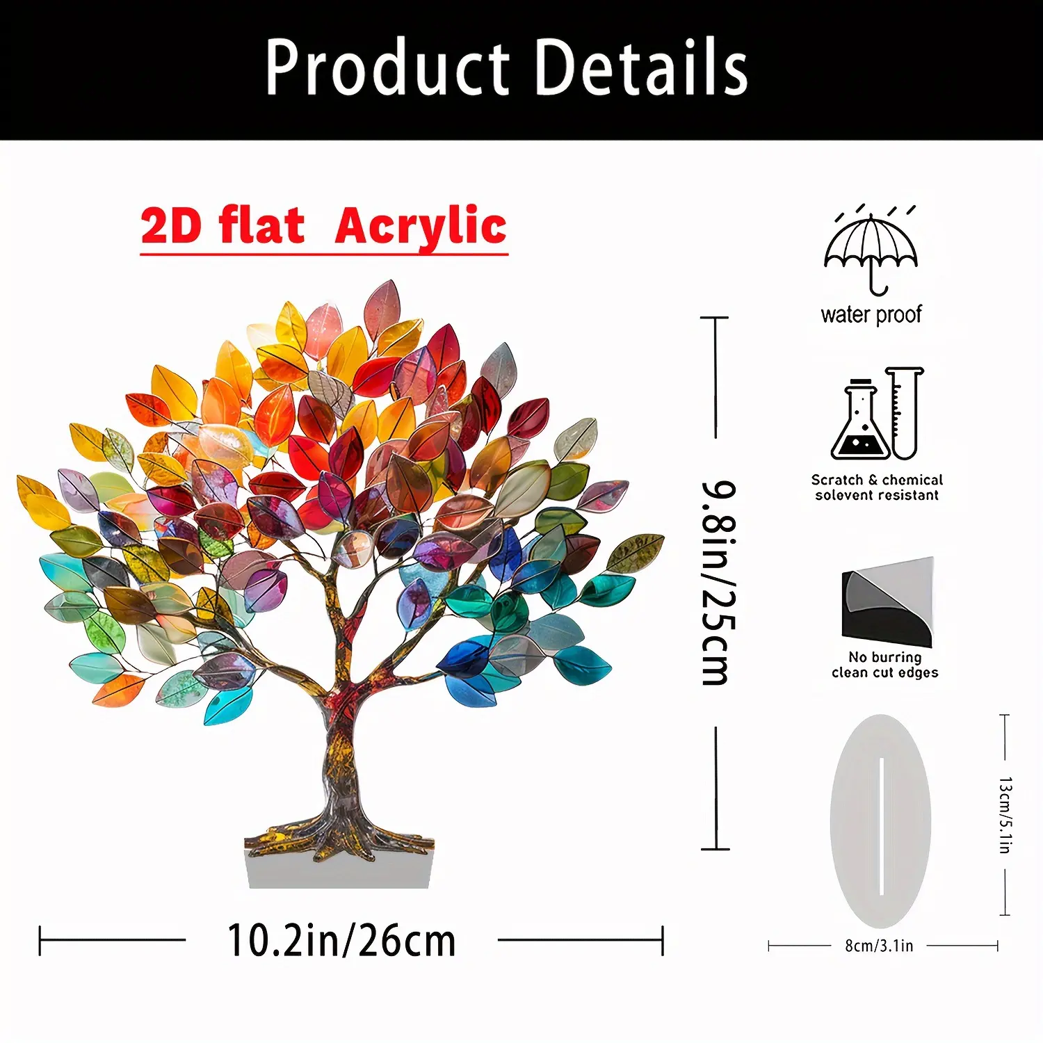 2 Pcs Tree of Life 2D Flat Acrylic Desktop Ornament, Vibrant Multicolor Rainbow Leaves Table Decor, Waterproof Scratch‑Resistant Acrylic Tree Figurine for Home, Office, Desk, Counter Shelf Display Decoration
