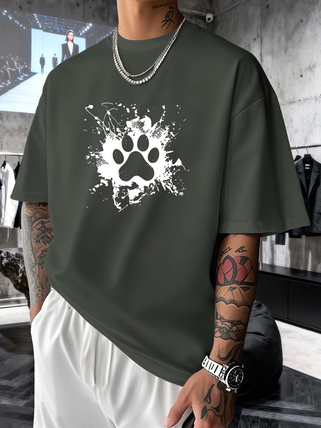 Men's Short Sleeve T-Shirt Summer, Dog Paw Cat Paw Ink Creative Print, Heart Healing Style, Loose Fit Drop Shoulder Top