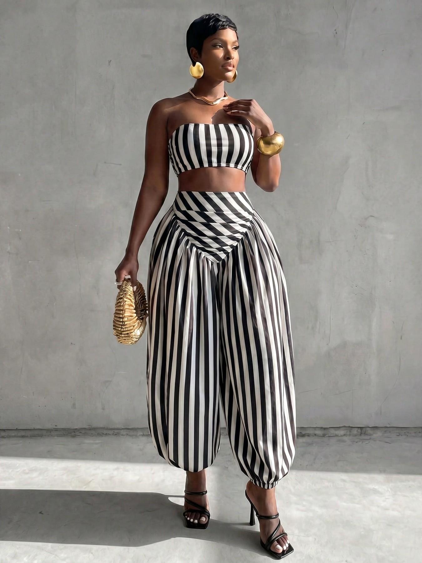 Women's Striped Cropped Tube Top & Loose Jogger Pants 2pcs Set, Summer Vacation, Comfortable Casual Tropical Style