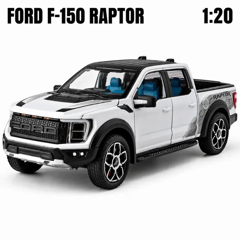 1:20 Scale Ford Raptor F150 Alloy Metal Die-Cast Pickup Truck Toy, Openable Doors, Pull-Back Function, Sound/Lights, Collectible Model Car for Boys