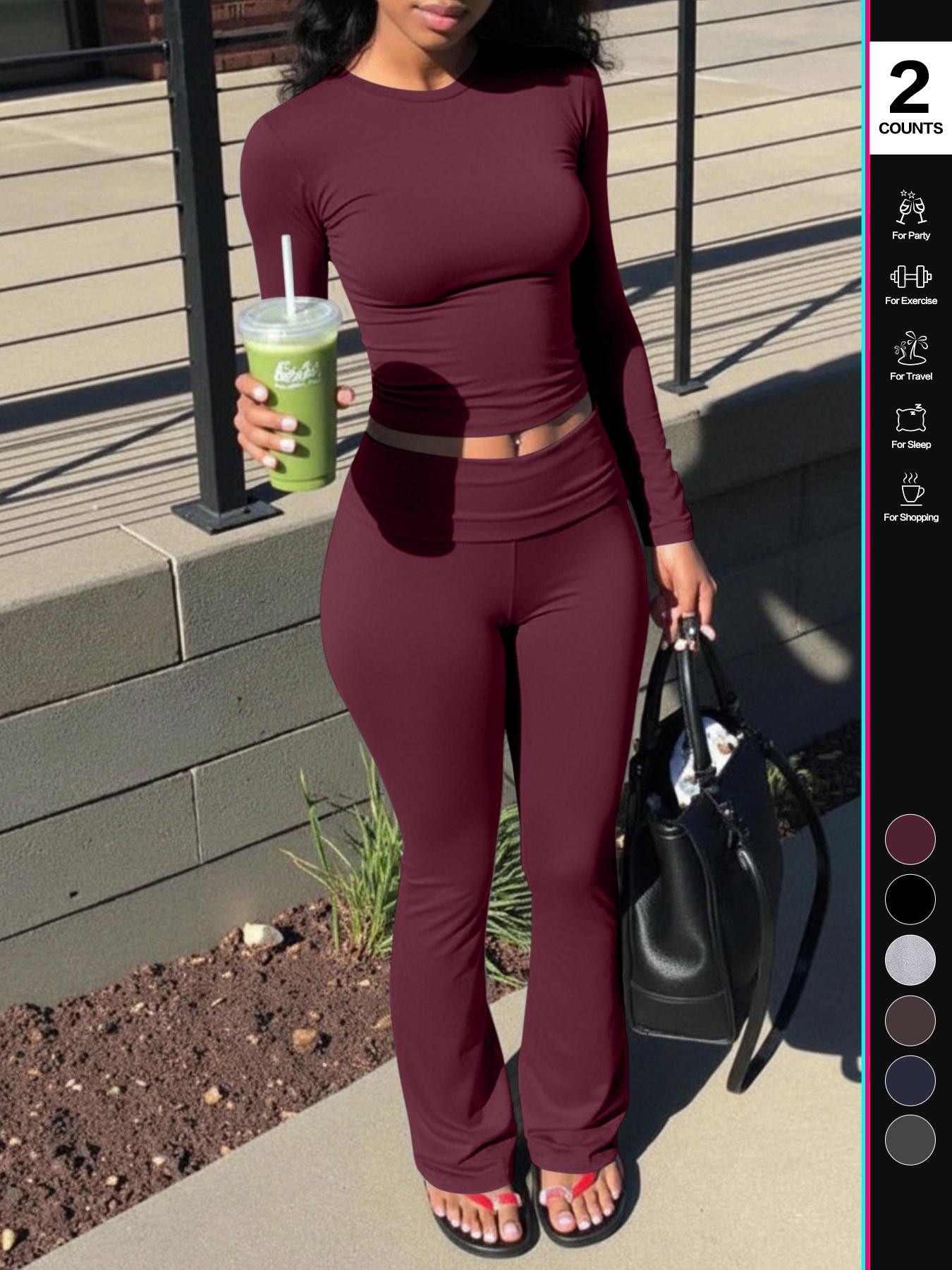 Women's 2 Piece, Foldover Flare Pants & Long Sleeve Crew Neck T-Shirt, Fitted Pajama Sets, Casual Comfortable Sleepwear