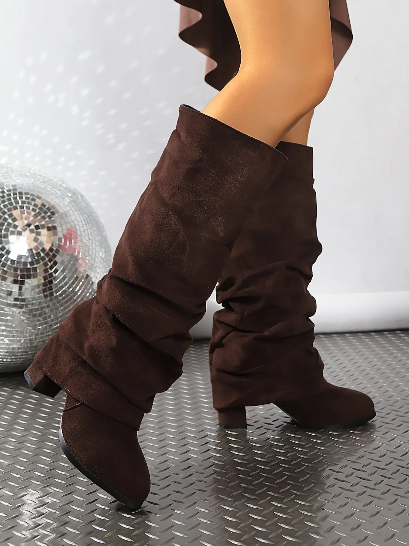 Women Ruched Knee High Boots, Soft Faux Suede Slouch Tall Boots, Round Toe Block Heel Fashion Boots, 4 Color Options for Fall Winter Street, Party & Night Out Outfits