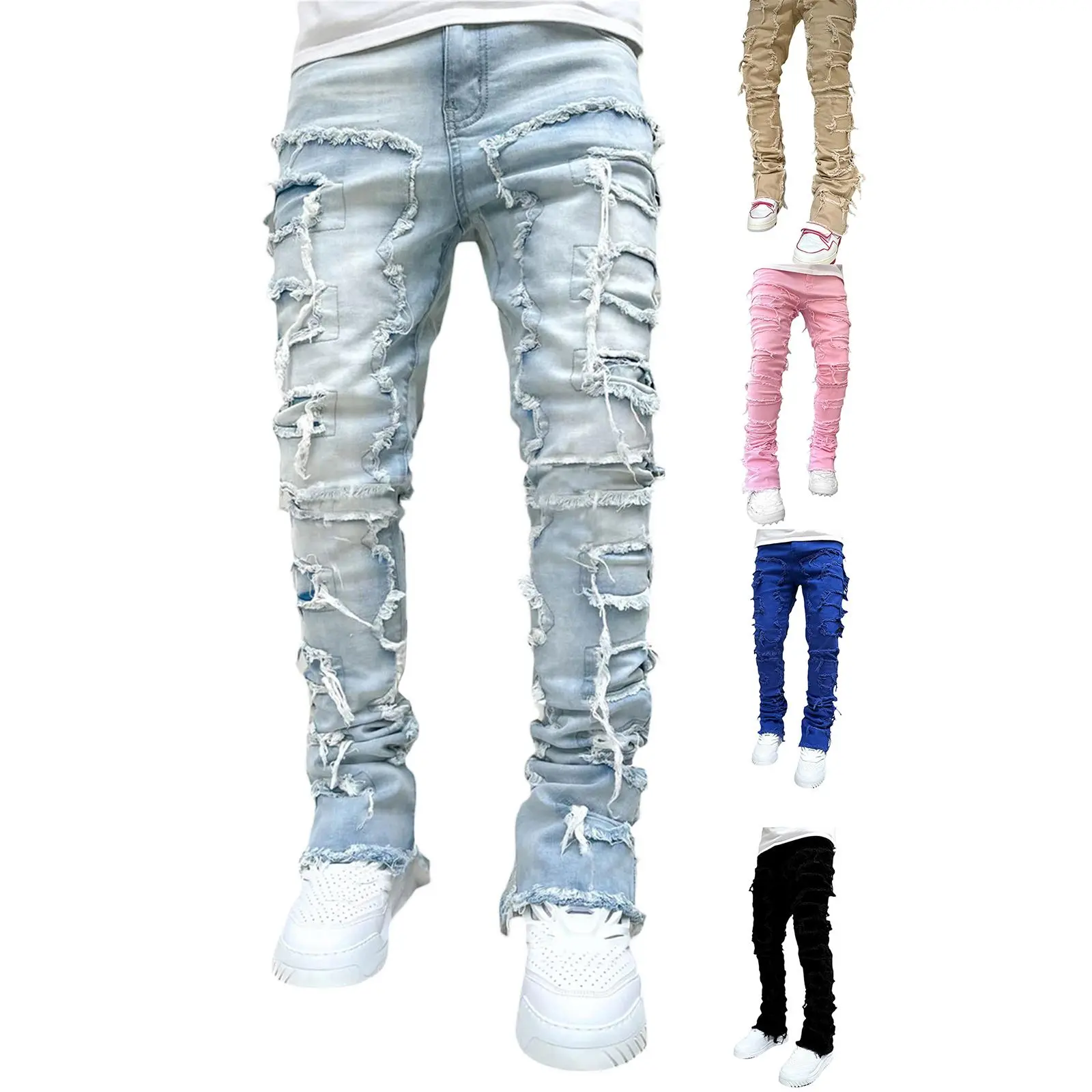 Men's Stretch Stacked Jeans, Light Wash Distressed Denim Pants with Frayed Patchwork, Slim Fit Skinny Jeans for Streetwear