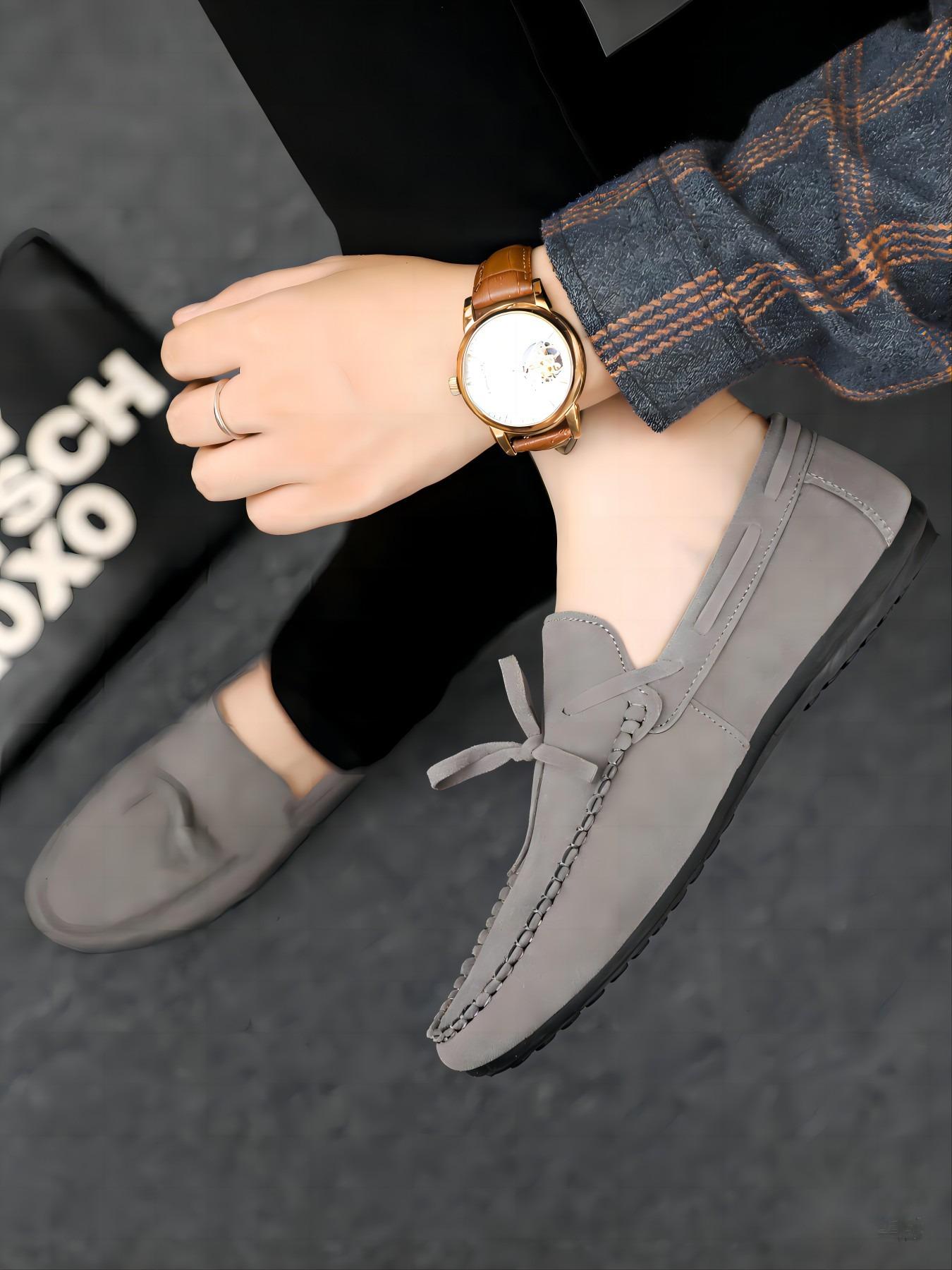 2026 Spring and Autumn New Men's Casual Bean Shoes, Suede Leather with Lace-up Weave Design, Rubber Soft Sole, Daily Commuting Loafers and Business Shoes