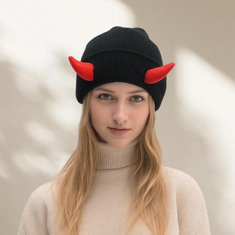 Reversible Knit Beanie with 3D Devil Horns - Soft Acrylic Material, Stretchy & Warm, Unisex Winter Hat, Multiple Colors, Perfect for Men & Women