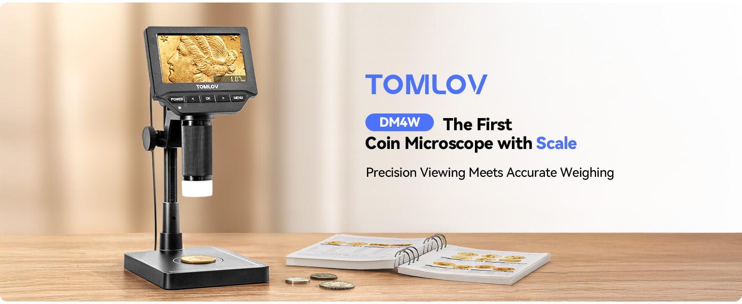 TOMLOV DM4W Microscope with Weighing Scale: 4.3" Digital Coin Microscope with Screen, Error Coin Magnifier with Lights, Weight Scale for Collectors, Jeweler, Students, Compatible with Windows/Mac