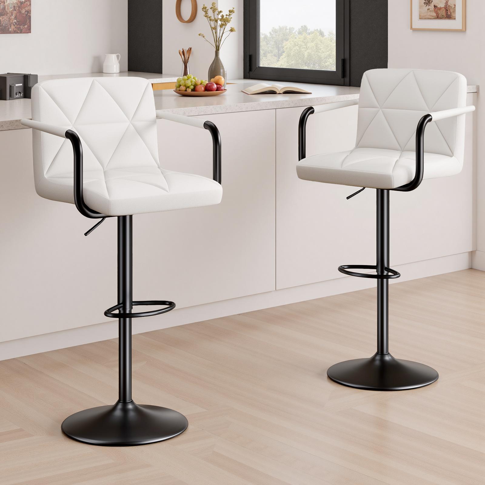 Set of 2 Barstools, Adjustable Height 25.5-34.5 IN with Back & Arms, Swivel PU Leather Upholstered Counter Height Bar Chairs