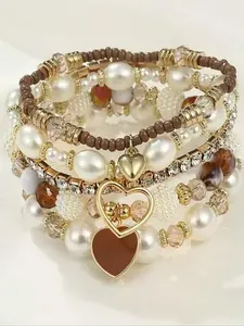 Women's Five-Piece Pearl Crystal Beaded Stackable Bracelet Set, Elegant Multi-Layer Design, Perfect Gift, Fashion Jewelry Accessory