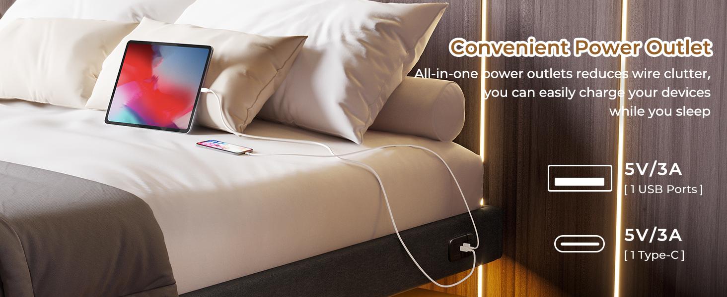 Floating Bed Frame Twin/Full/Queen Size with RGB LED Lights and Type-C&USB Ports, Linen Upholstered Platform Bed with Wood Slats Support, No Box Spring Needed,Noise-Free,Easy Assembly,Dark Gray