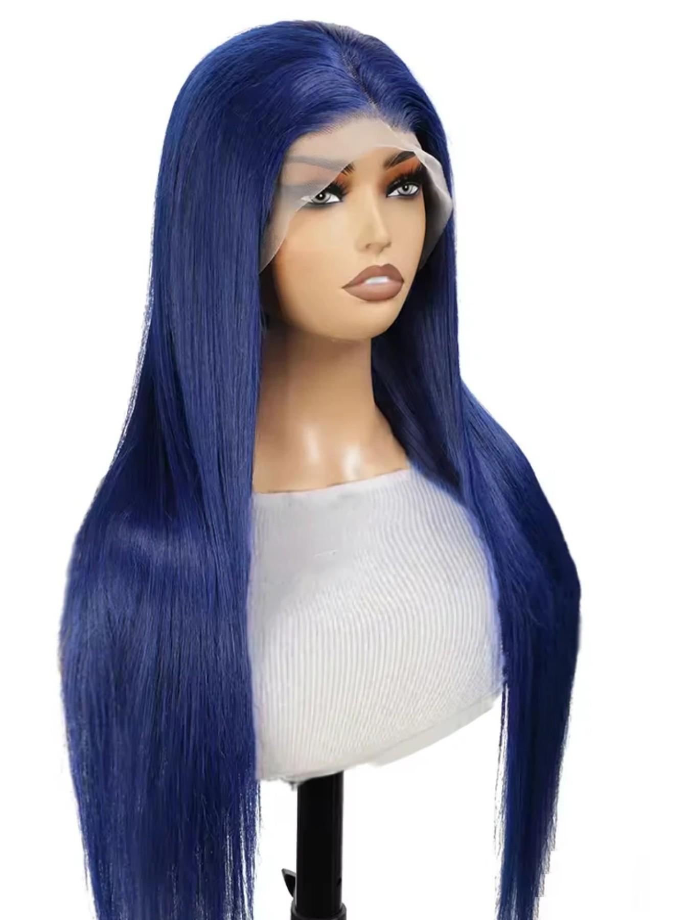 28-Inch Deep Blue Straight Wig for Women, Soft Lace Front, 180% Density, Pre-Plucked, No Glue, Heat Resistant, All Seasons