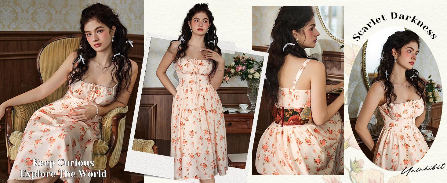 【Mother's Day Gift】 Grace Karin Women's Floral Midi Dress Corset Sundresses 2026 Summer Spring Vacation Milkmaid Dresses