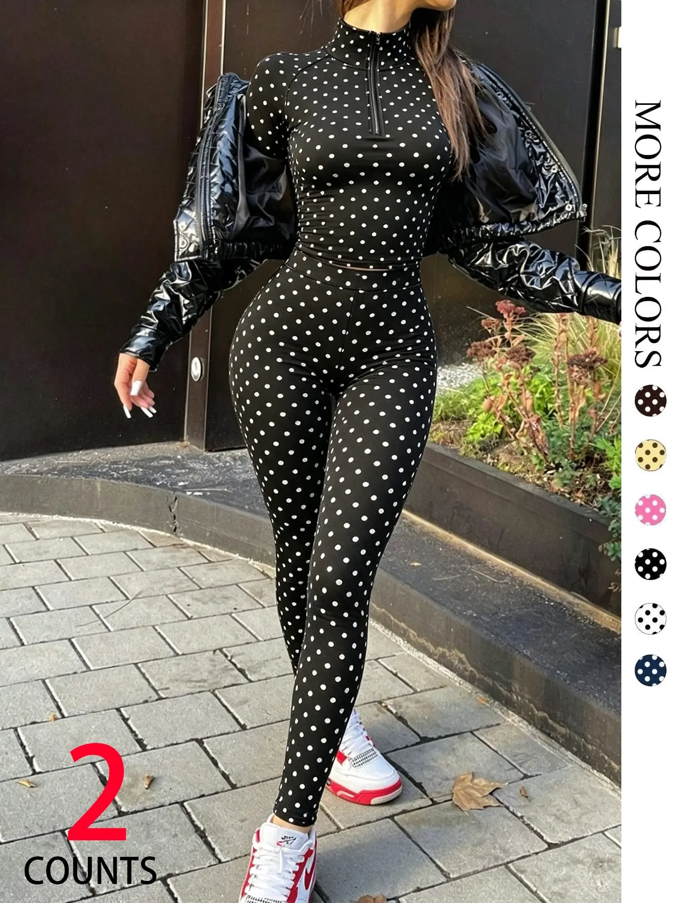 Vintage Polka Dot Sportswear Set, Fitted Long Sleeve Top & High Waist Leggings, Breathable Stretch Fabric, Y2K Style, Fall Winter