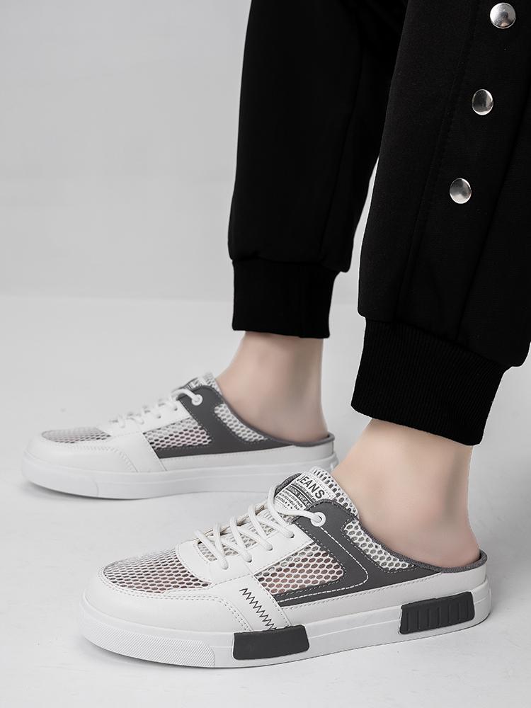 Men's Beige-Green Mesh Mule Sneakers: Breathable Slip-On, Summer Casual Shoes