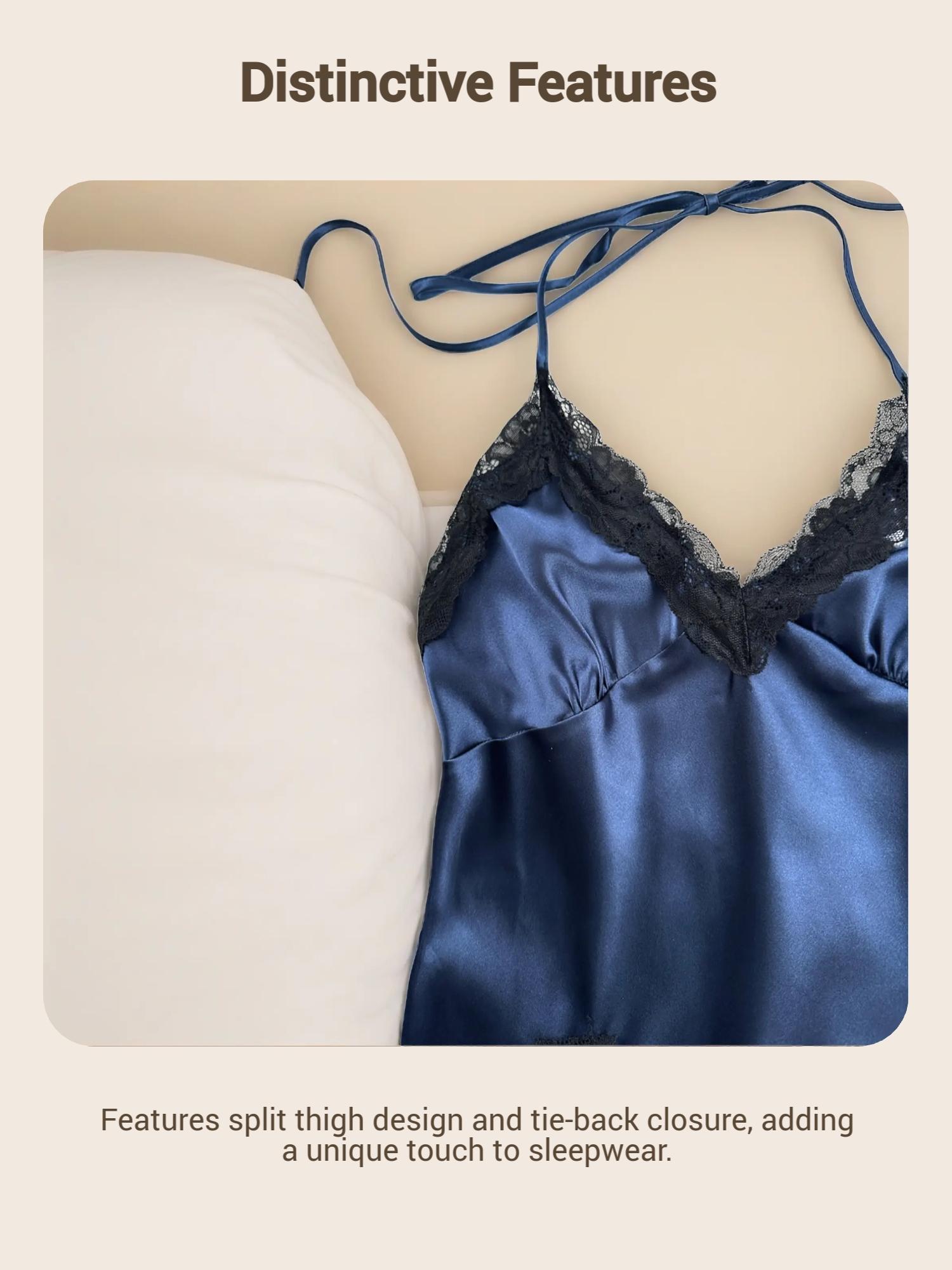 Two-piece Set Women's Solid Belted Satin Robe & Contrast Lace Split Thigh Cami Nightdress, Elegant Comfy Drop Shoulder Long Sleeve Robe & Cami Nightdress Pj Set, Women's Sleepwear & Loungewear for Spring & Fall