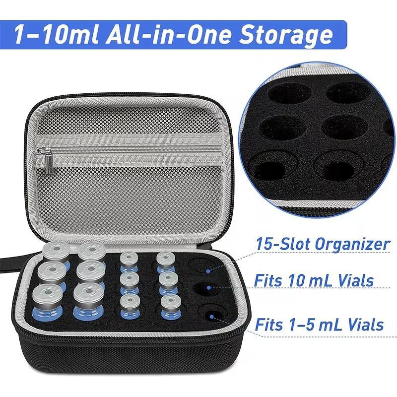 ❄️Peptide Storage Box, 15-Compartment Organizer with Mesh Pockets, Ideal for 0.1oz, 0.17oz, 0.34oz Bottles, Perfect for Refrigerator Use, Box Organiser