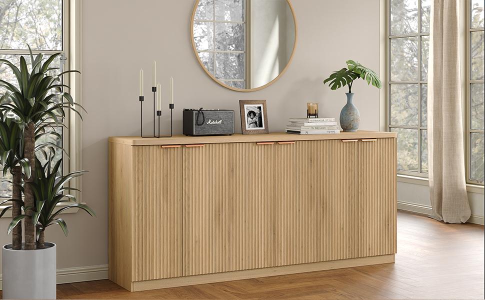 FUSOU Buffet Cabinet with Storage Accent Sideboard Modern Credenza with Doors & Shelves Fluted Media Console Mid Century Coffee Bar Table for Living Room Kitchen Dining Room Hallway