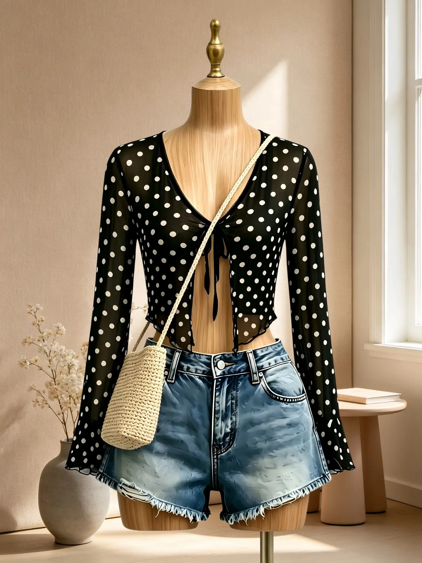 Sexy Mesh V-Neck Bell Sleeve Asymmetrical Short Cardigan, Summer Casual Slim-Fit Top, Versatile Daily Wear Basic Piece