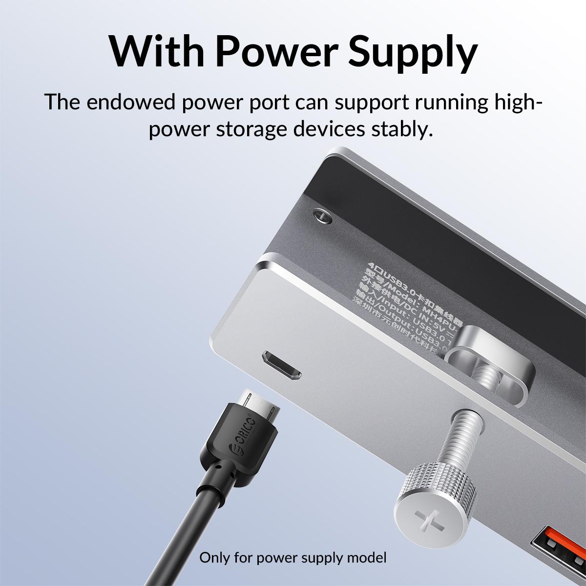 ORICO USB Hub 3.0, Clamp USB Hub with Extra Power Supply Port, Aluminum 4-Port USB Adapter with 3 USB-A Data Ports, USB-C Port for Monitors, Desks-MH4P