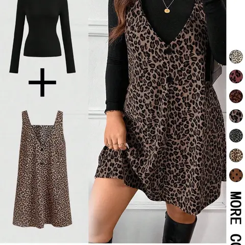 【Black Friday】Women's High Neck Inner Layer Top and Leopard Print Dress Set, Casual Daily Spring & Autumn Commuter Two-Piece Set