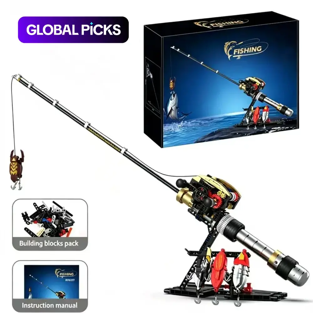 Building Blocks Set Fishing Rod Model, Working Reel & 4 Bait Pieces, Realistic Gear Mechanism, Stem Toy for Kids & Adults, Perfect Gift #GLOBAL PICKS