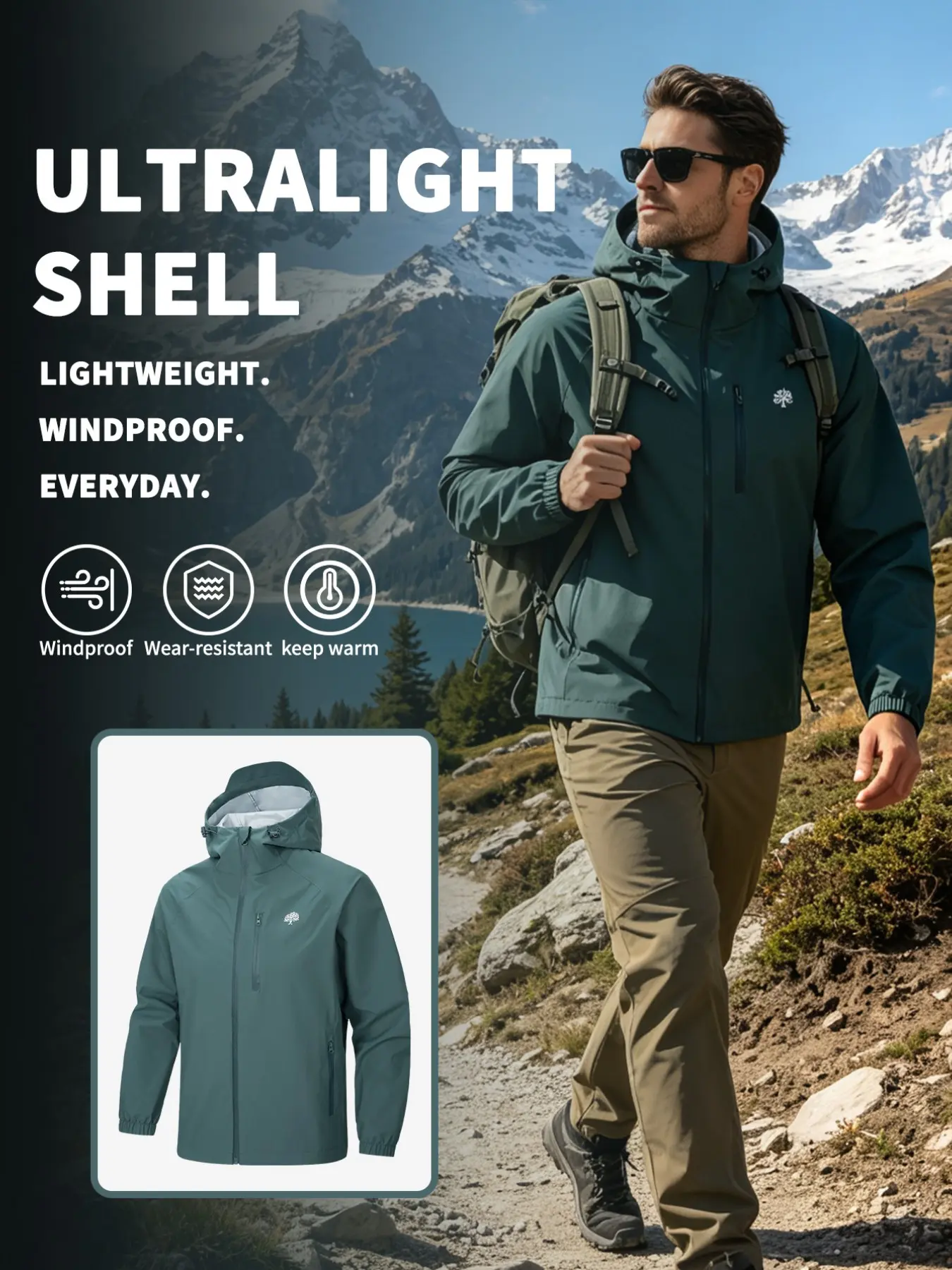 Men's Fashion Hiking Jacket Anorak, Zipper Detail, Hooded Long Sleeve, Windproof Waterproof, Soft Comfortable, Outdoor Sports Outerwear, Daily Outdoor Wear