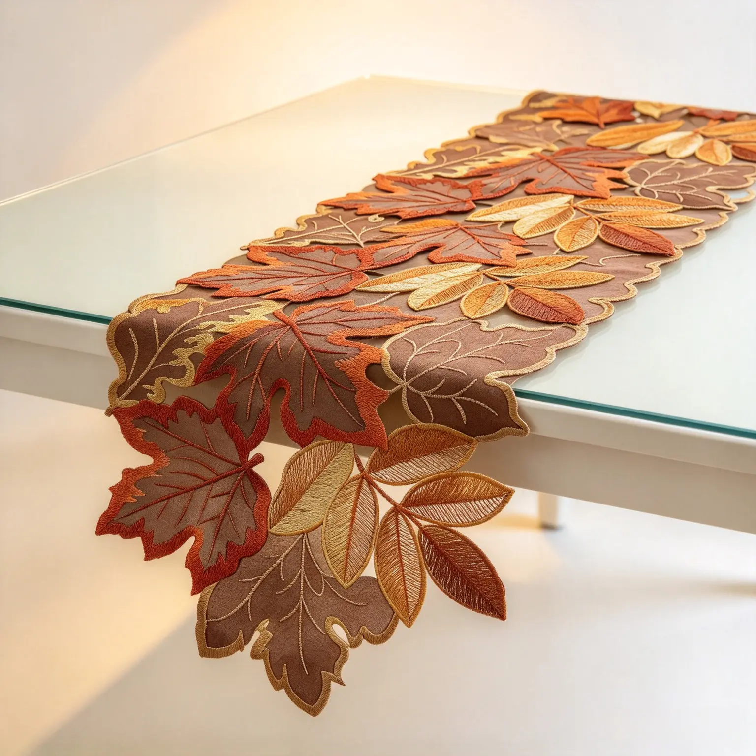 Fall Maple Leaf Table Runner, Embroidered Polyester Rectangular Tablecloth, Rustic Farmhouse Dining Table Decor for Thanksgiving Dinner, Holiday Parties and Family Gatherings