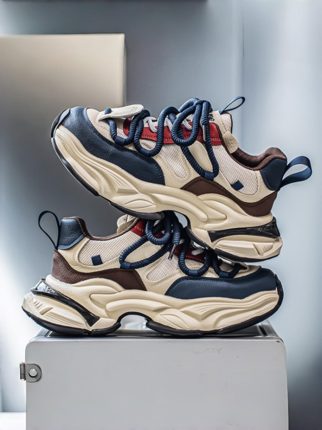 1 Pair of Men's Retro Platform Casual Shoes: Thick Rope Laces, Multi-Layer Stitched Upper, Elevated Platform Sole, Street Niche Style, Ideal for Men's Daily Streetwear