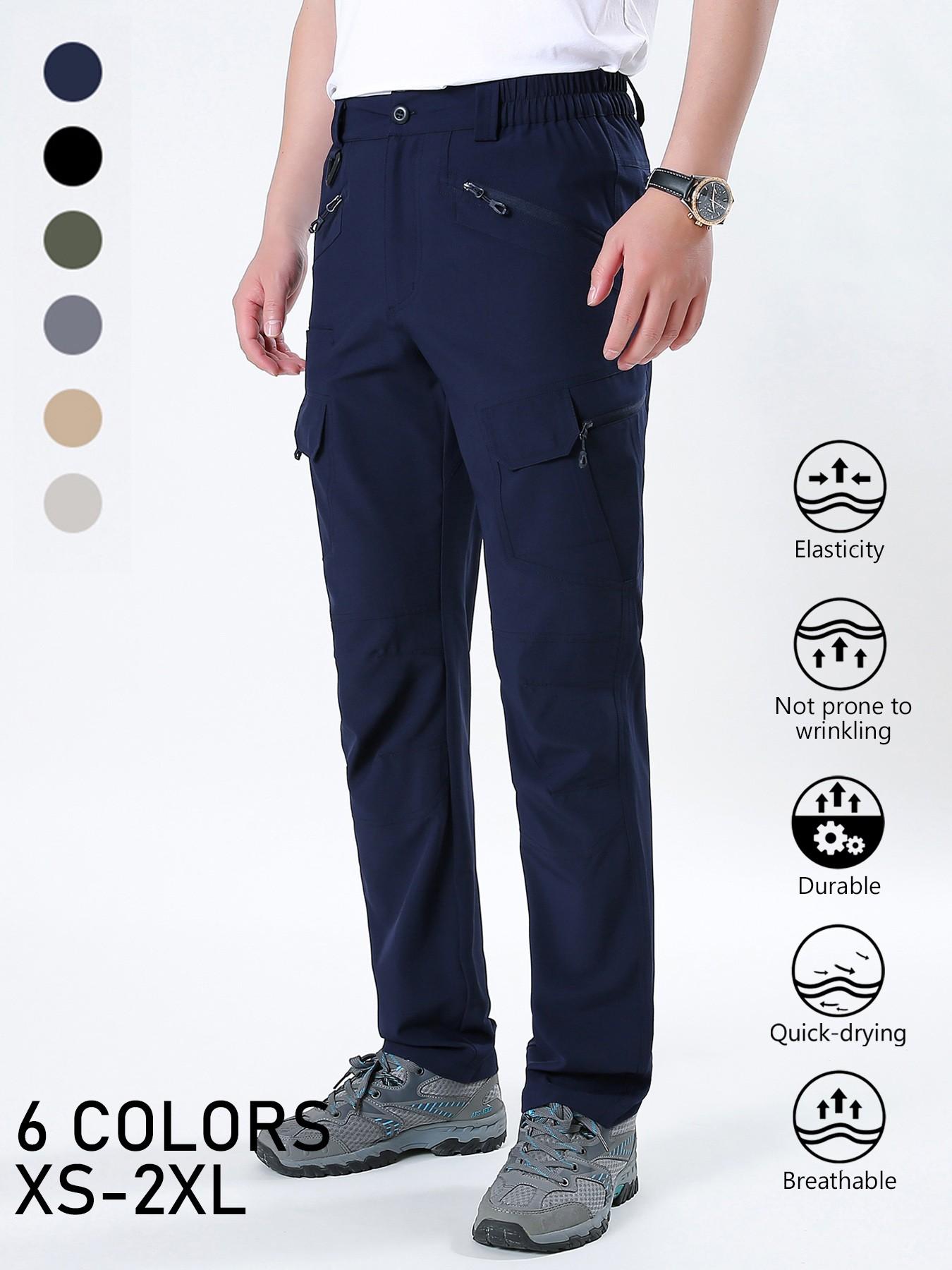 Men's Solid Color, Plain Cargo Quick Dry Hiking Pants, Elastic Waist Breathable Stretch Outdoor Trekking Trousers, Wrinkle‑Resistant Durable Work Pants with Multi Zipper Pockets for Mountaineering Fishing Camping Daily Wear, 6 Colors