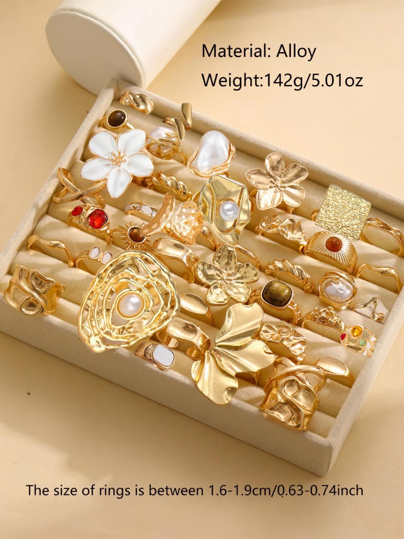Elegant Floral Imitation Pearl Ring Set, Zinc Alloy Wide Band Women's Rings, Statement Multi Ring, All-Season Jewelry Gift for Parties & Birthdays