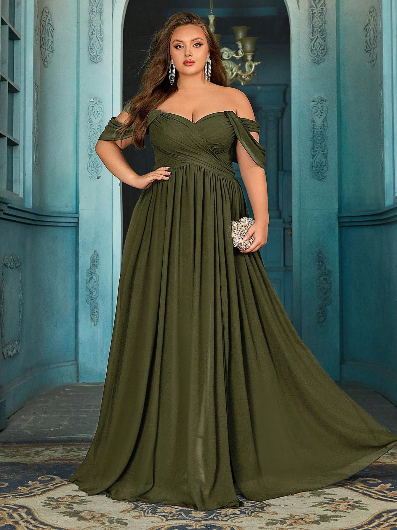 olive green off the shoulder dress Affair One-Shoulder Satin Ruched Maxi M Nana is a gorgeous long dress made of high quality chiffon A-Line Puff Sleeves Olive Green