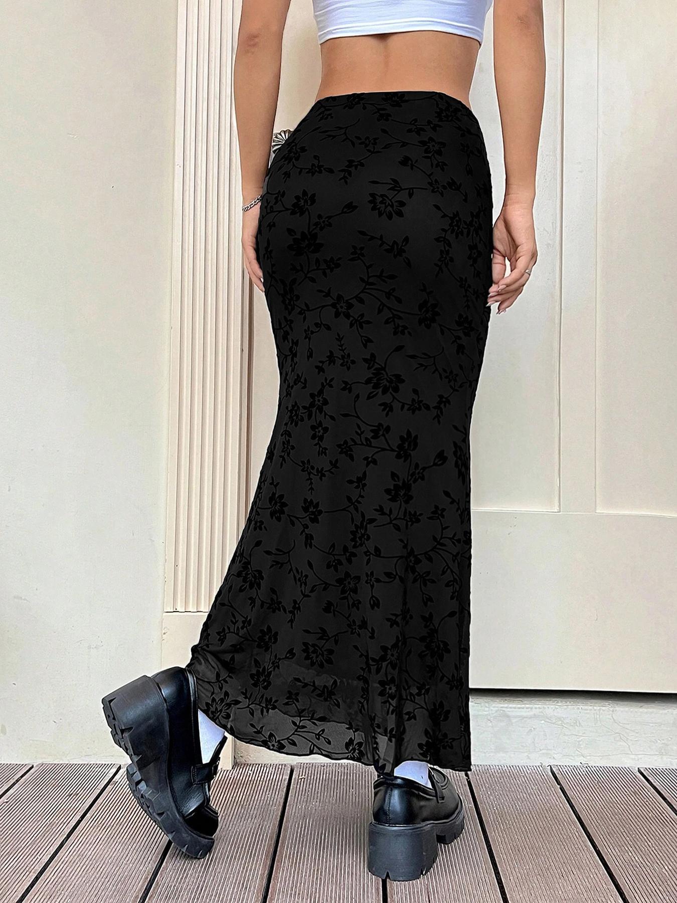 Women's Floral Print Fish Tail Hem Maxi Skirt, Casual Fitted Long Skirt, Plain Pattern Design, Perfect for Daily Wear & Stylish