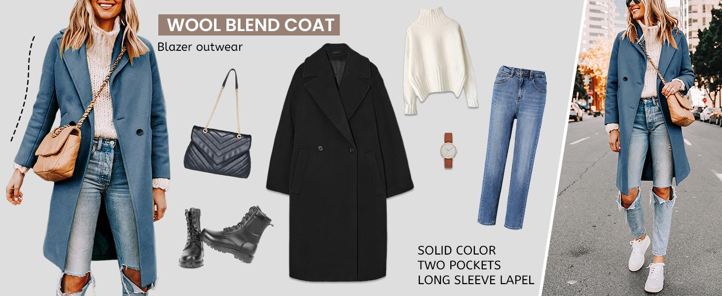 UANEO Women's Notch Lapel Double Breasted Wool Blend Mid Long Pea Trench Coat