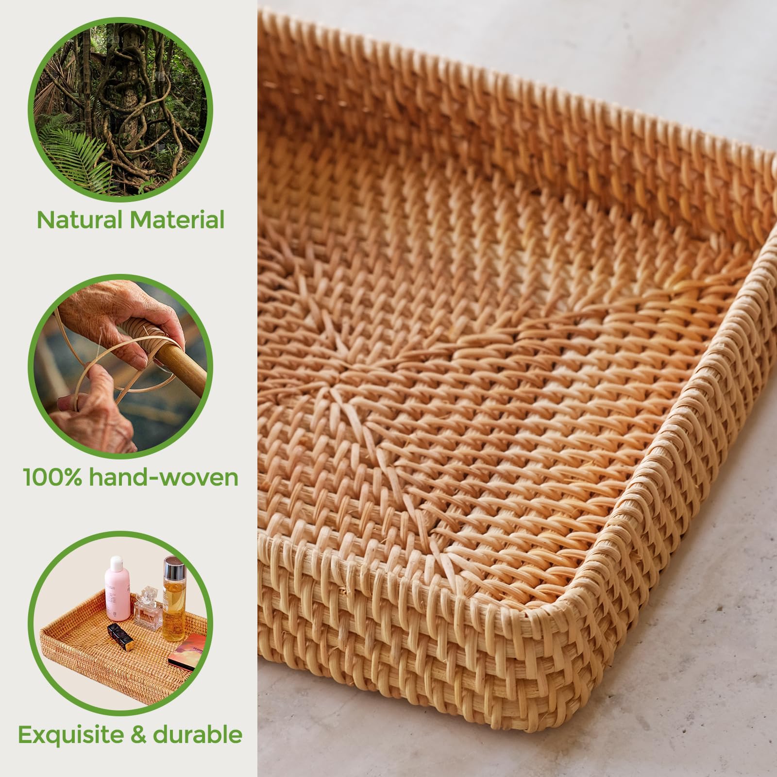 Woven Rattan Serving Tray, Rectangular Wicker Basket, Decorative Serving Tray for Living Room, Coffee Table, Home Organizer for Remote Control, Sundries