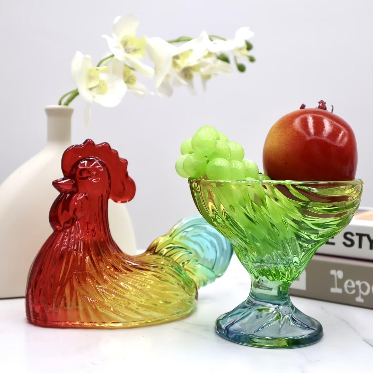 Premium Colored Rooster Shaped Glass Sealed Jar, Beautiful Crystal Candy Dried Fruit Container, Reusable Multipurpose Storage, Home Decor