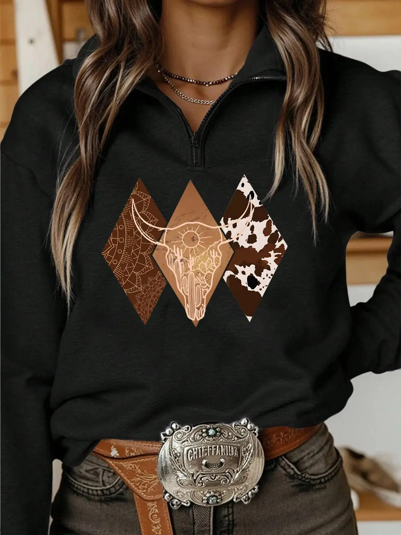 Women's Western Style Bull Print Half-Zip Stand Collar Sweatshirt, Casual Sweatshirts, Autumn Loose Casual Knit Top, Comfortable and Stylish