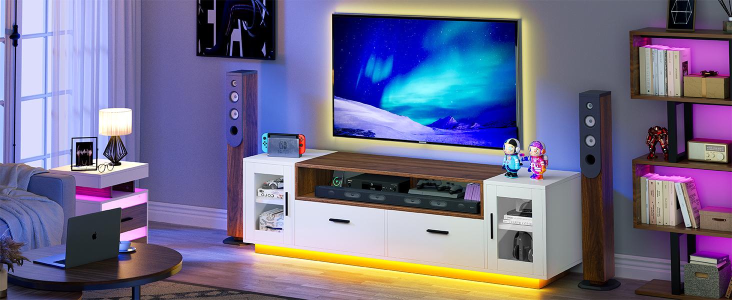 DWVO LED Modern TV Stand for 70+ Inch TV w/Outlets & USB Ports, Entertainment Center w/Doors, 2 Storage Drawers, Wood Media Console Cabinet w/Adjustable Shelf for 300lbs