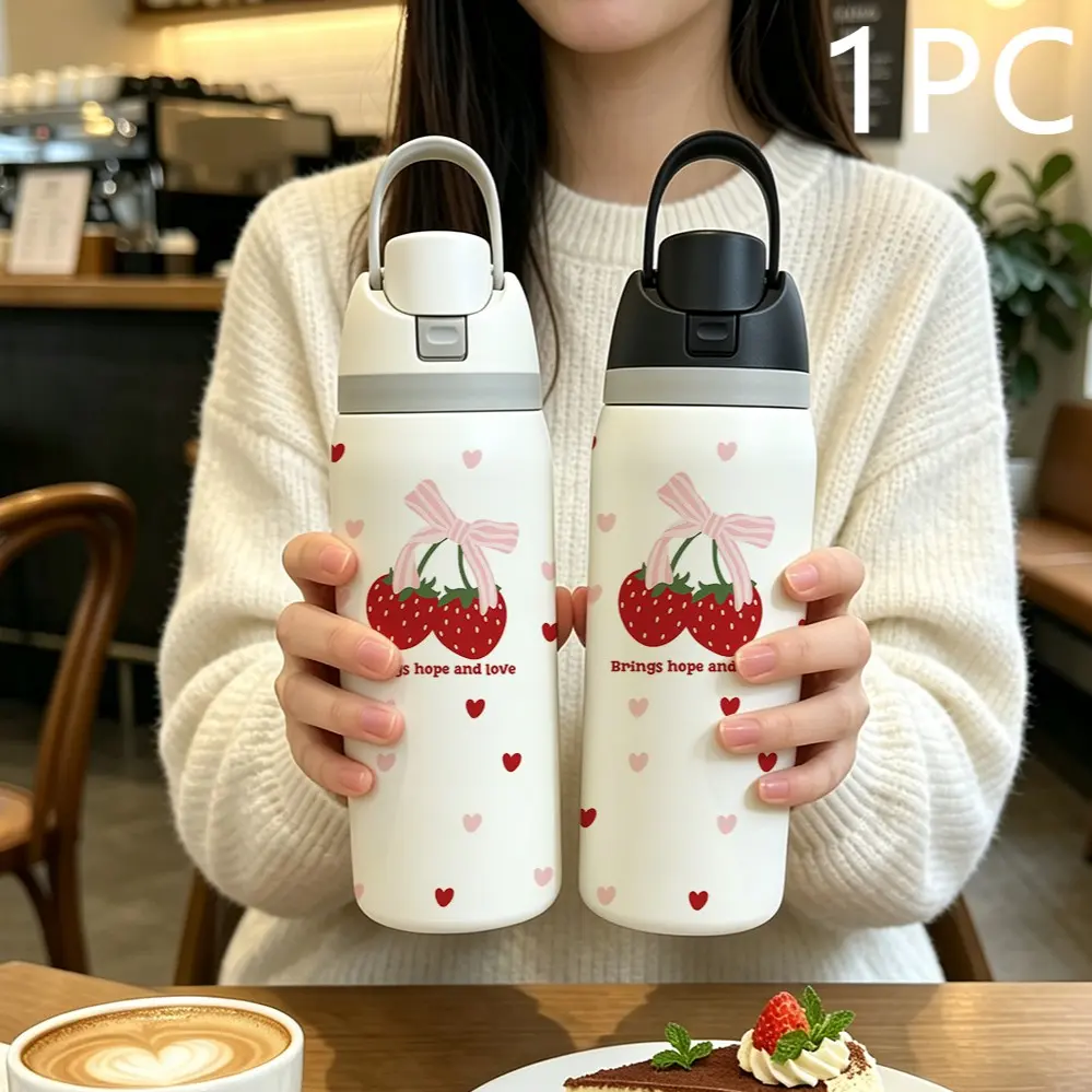 Sweet Bow Strawberry Heart 32oz Insulated Cup, 304 Stainless Steel, Portable Direct Drink, Girl Style, Car Travel Water Bottle, 1 Piece