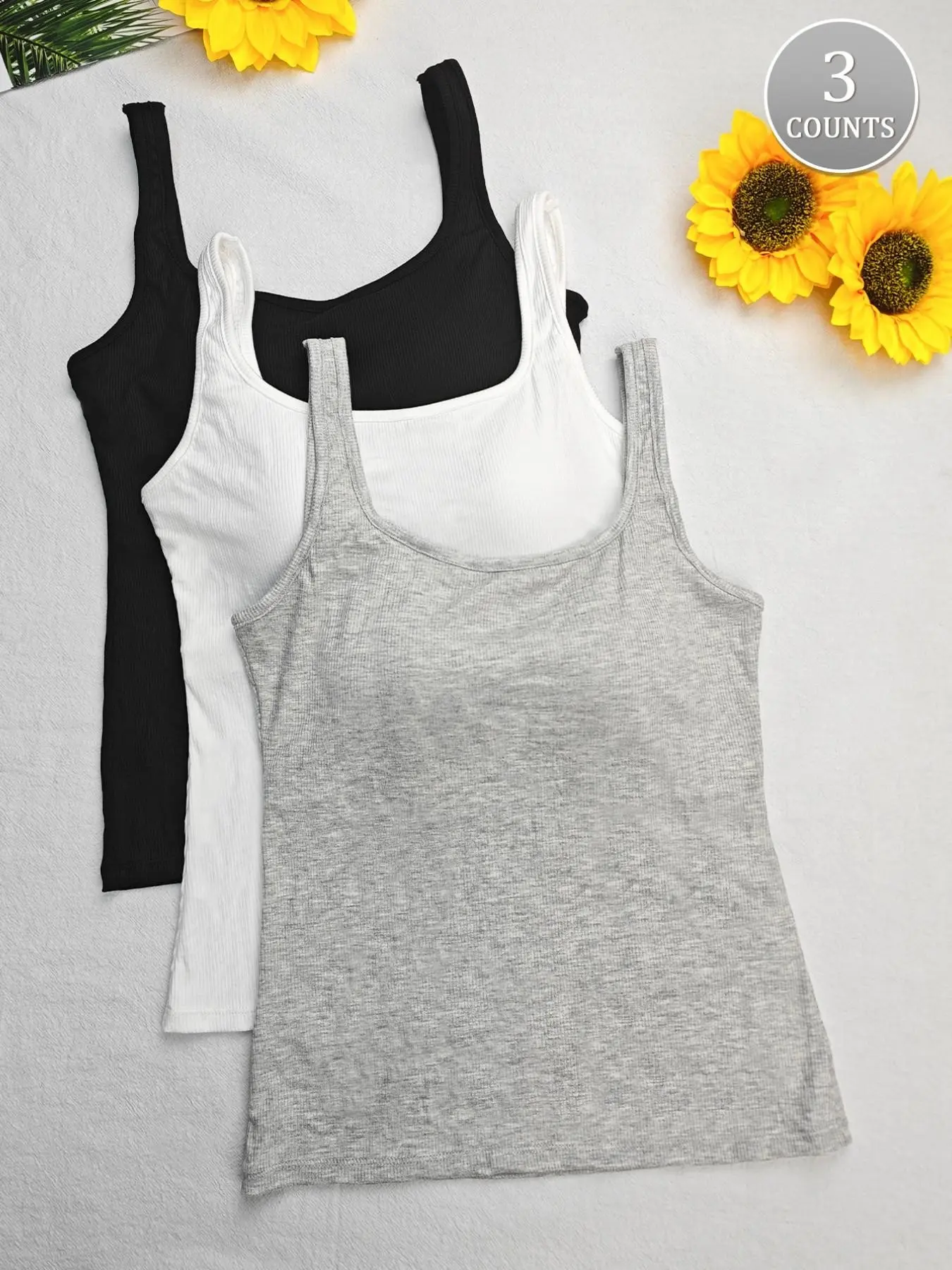 3 Counts Women's Braided Shoulder Strap Tank Tops with Pads, Soft Material, Ideal for Daily Wear, Comfortable & Stylish