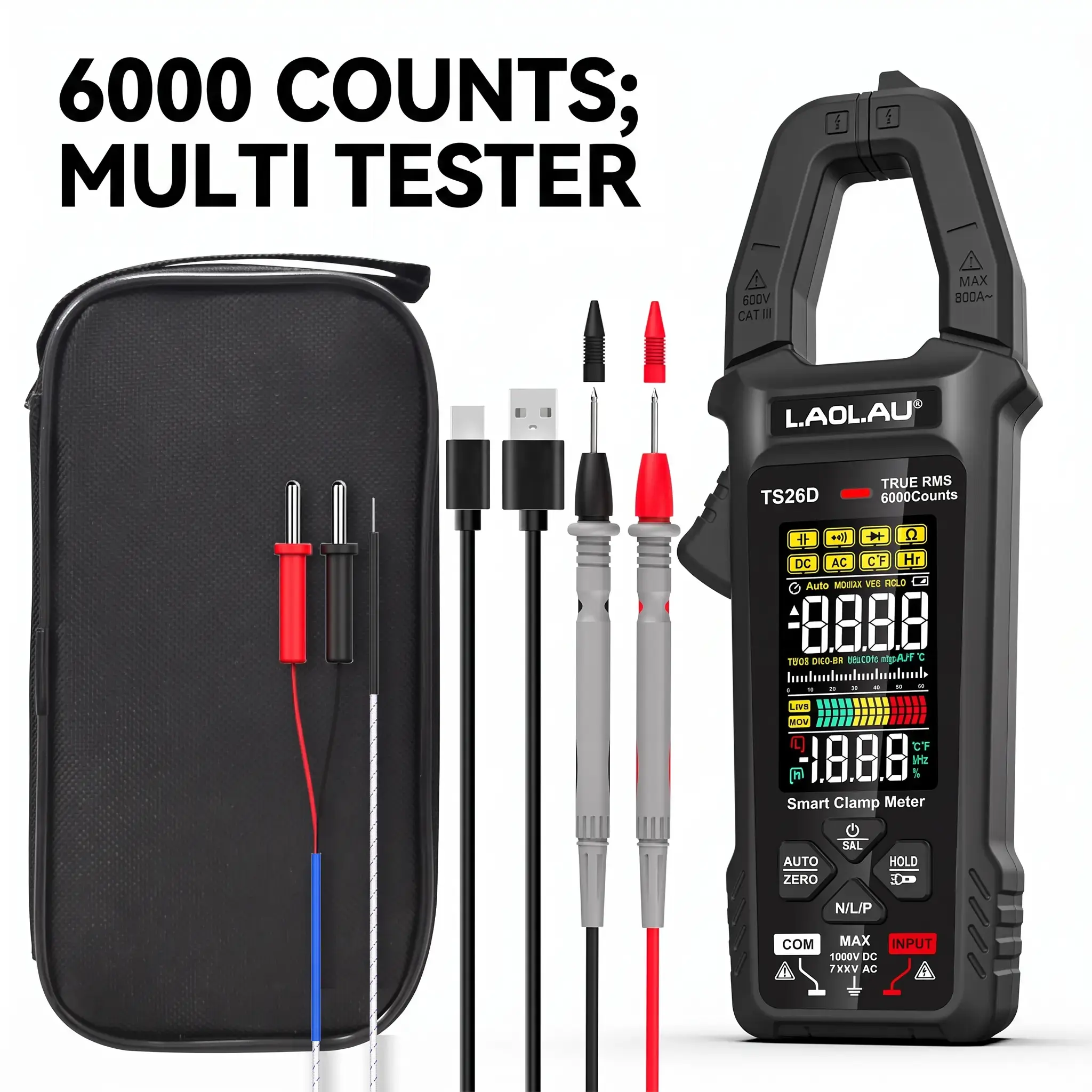 Laolau Rechargeable Portable Clamp Meter with Color Screen, 6000 Counts Multi-Function Voltage Tester, Ac/dc Current, Temperature, Resistance, and Capacitance Measurement for HOME Repairing, AUTO Diagnose, DIY Electrician Tools, Smart Digital Multimeter