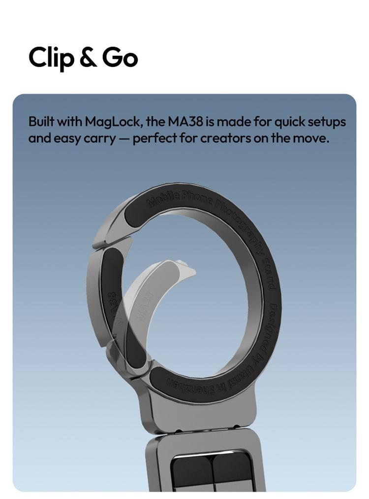 ULANZI Magnetic Phone Tripod for iPhone, MA38 Portable Phone Holder Mini Tripod for Magsafe with Double-Sided Strong Magnetic 1/4'' Arri Locating Hole Foldable Hook for iPhone 16 15 14 13 12
