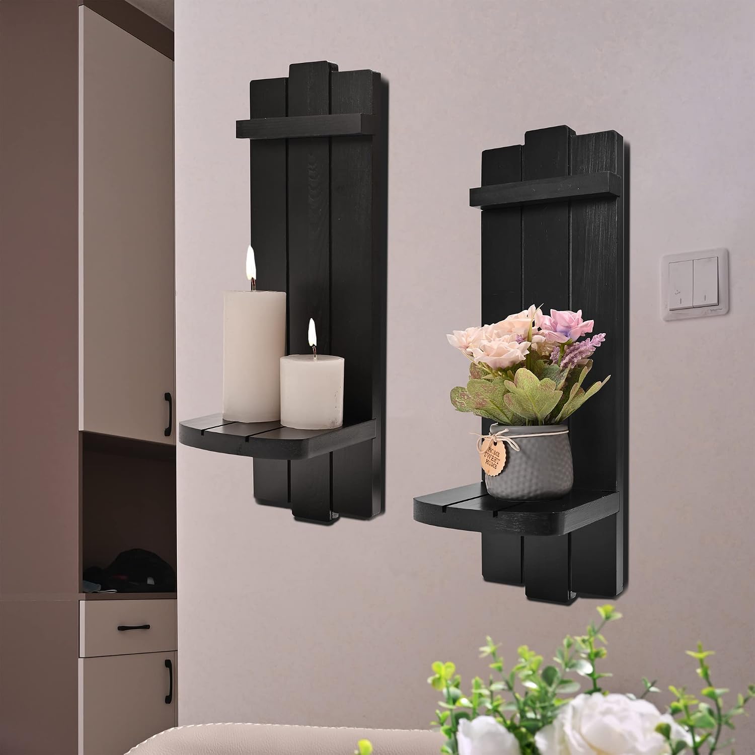 Sconces Wall Decor Set of 2, Wall Candle Holder Black  Decor |  Wall Art Floating Candle Sconces Shelf Rustic Wall Decorations for Living Room, Dining Room, Bedroom, Bathroom