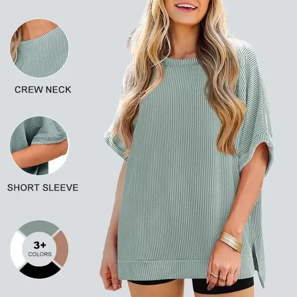 Imily Bela Womens Oversized T Shirts Summer Casual Loose Fit Striped Knit Batwing Sleeves Tunic Tops